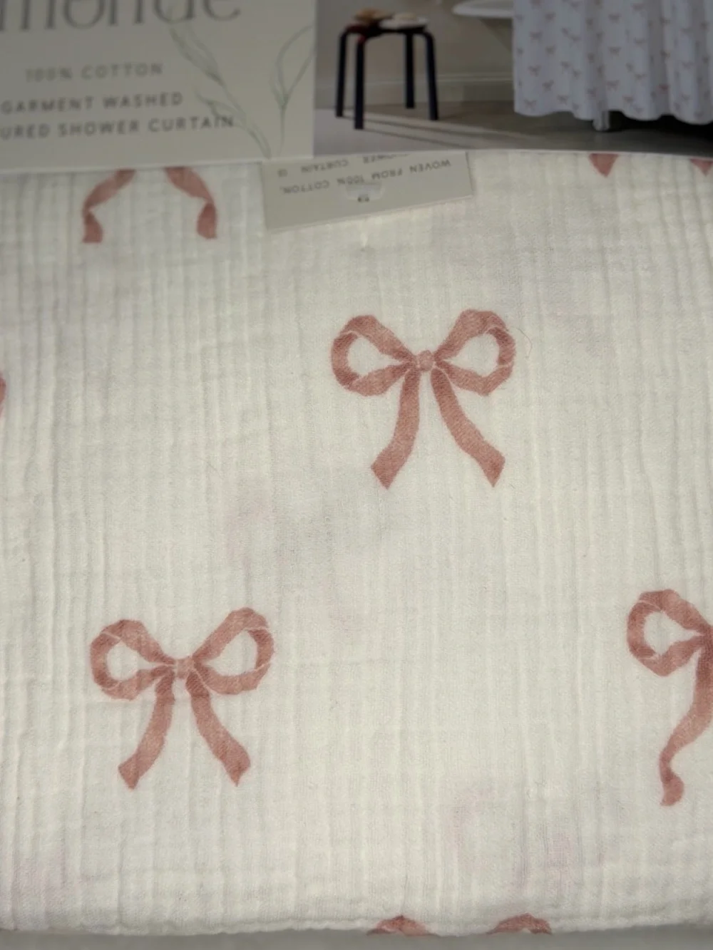 Beau Monde pink bow coquette cottage core farmhouse Shabby chic Shower Curtain